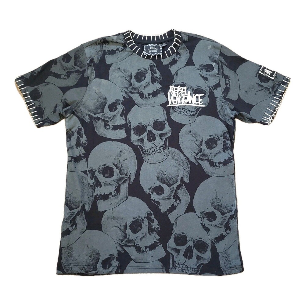 Rebel Vengeance Whip Stitch Skull AOP Sz Medium Mens Black T-Shirt All Over Goth